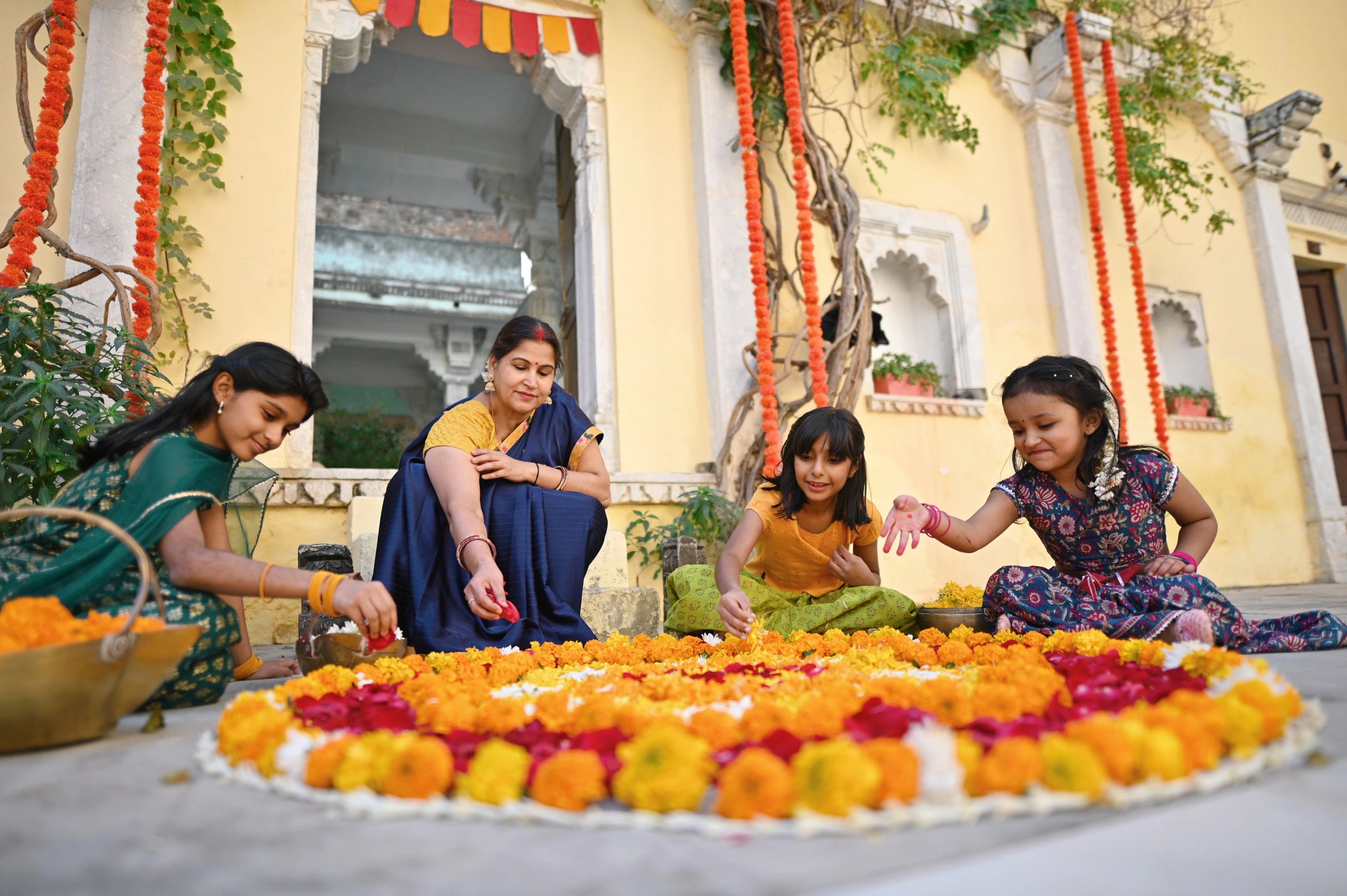 Traditional floral rangoli for a spiritual celebration