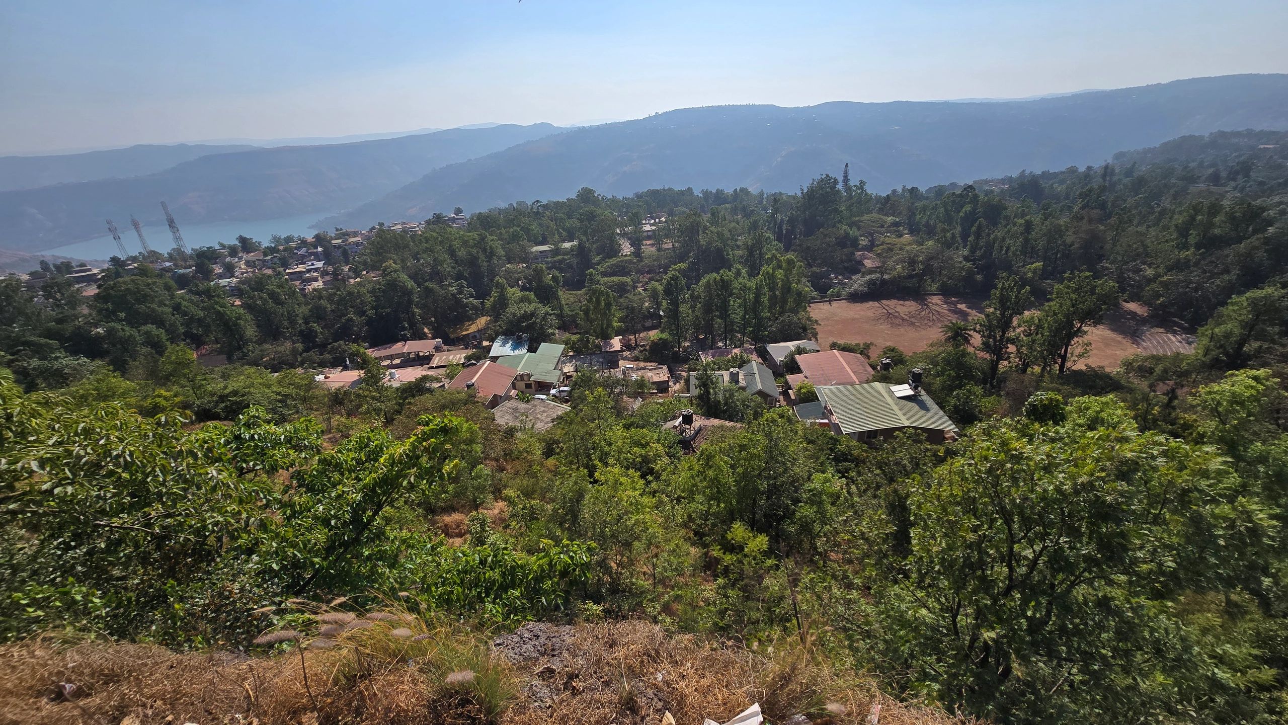 Hillside village surrounded by dense forest with lake and mountain backdrop